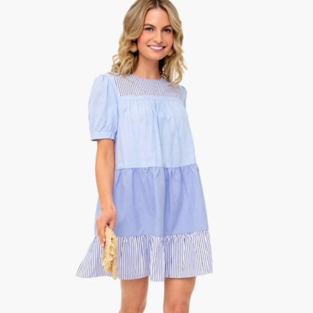 Pomander Place For Tuckernuck Women’s Blue Striped Quinn Dress XS S Puff Sleeve